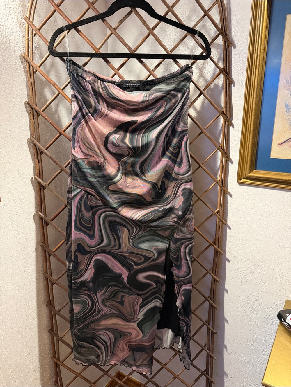 Marbled Slip Skirt in Pink, Black & Green Swirl